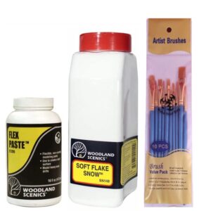 woodland scenics flex paste (c1205), soft flake snow (sn140), and make your day paintbrushes