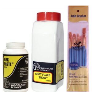 Woodland Scenics Flex Paste (C1205), Soft Flake Snow (SN140), and Make Your Day Paintbrushes