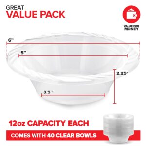 40 Pack 12 oz Elegant Clear Plastic Bowls for Parties Small Disposable Bowl for Fancy Dinner or Cocktail Party, Soup and Salad, Thick and Sturdy