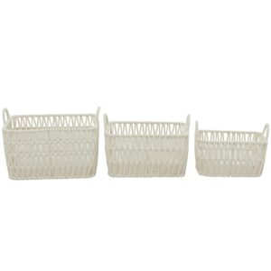 cosmoliving by cosmopolitan cotton fabric handmade storage basket with handles, set of 3 11", 10", 9"h, white