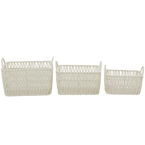 CosmoLiving by Cosmopolitan Cotton Fabric Handmade Storage Basket with Handles, Set of 3 11", 10", 9"H, White