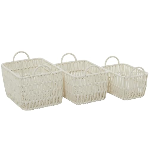 CosmoLiving by Cosmopolitan Cotton Fabric Handmade Storage Basket with Handles, Set of 3 11", 10", 9"H, White