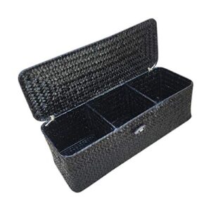 cusstally 3 compartment storage box wicker rattan basket with cover sundries holder case container desktop organizer
