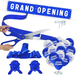 grand opening blue ribbon cutting ceremony kit - 25" giant scissors with blue satin ribbon, banner, balloons,bows and more supplies grand opening decorations for business
