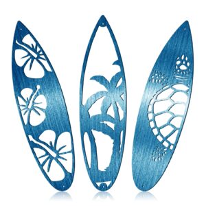 3 pieces metal surf board wall decor summer metal surfboard beach signs tiki bar metal novelty surfboard sign tropical surf board palm tree wall art for wall and door outside (blue)