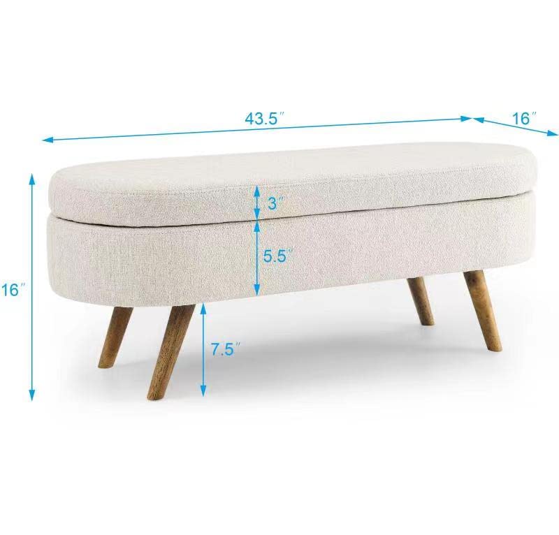 Deolme Storage Ottoman Bench, 43 inches Long Flip Top Vanity Entryway Bench, Modern Linen Fabric End of Bed Bench Footstool with Rubber Wood Legs for Living Room, Bedroom, Entryway (White)