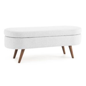 Deolme Storage Ottoman Bench, 43 inches Long Flip Top Vanity Entryway Bench, Modern Linen Fabric End of Bed Bench Footstool with Rubber Wood Legs for Living Room, Bedroom, Entryway (White)