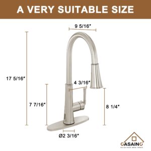 CASAINC Kitchen Faucet with Pull Down Sprayer Brushed Nickel with LED Function, 17.31in H Touchless 1.8 gpm Single Handle Kitchen Sink Faucet, Lead-Free Copper for Bar Laundry Kitchen Sink