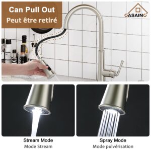 CASAINC Kitchen Faucet with Pull Down Sprayer Brushed Nickel with LED Function, 17.31in H Touchless 1.8 gpm Single Handle Kitchen Sink Faucet, Lead-Free Copper for Bar Laundry Kitchen Sink