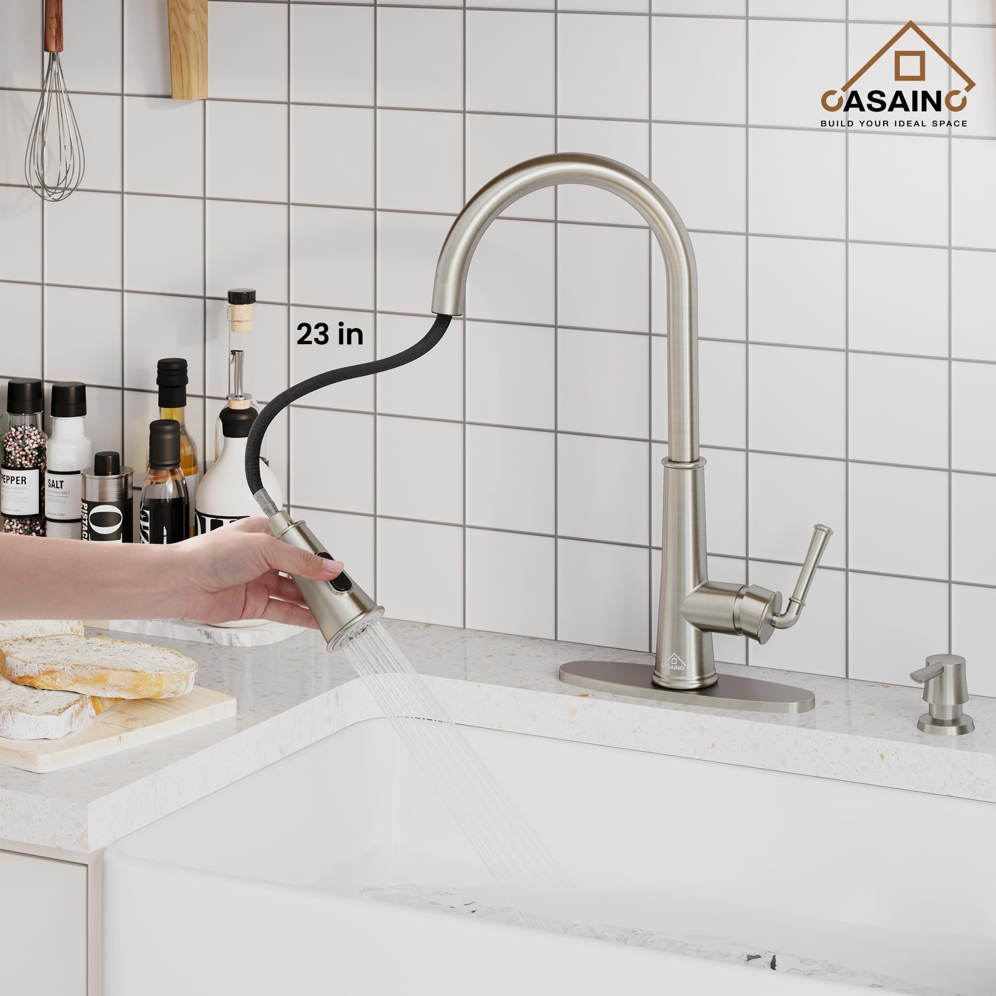 CASAINC Kitchen Faucet with Pull Down Sprayer Brushed Nickel with LED Function, 17.31in H Touchless 1.8 gpm Single Handle Kitchen Sink Faucet, Lead-Free Copper for Bar Laundry Kitchen Sink