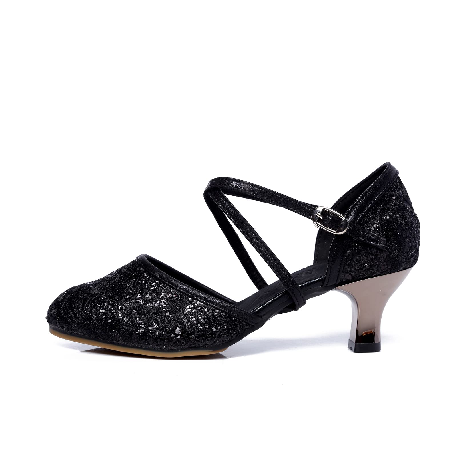 Women Latin Dance Shoes Sequin Salsa Tango Ballroom High Heeled Dancing Shoes（Black，US 7）
