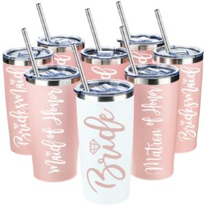 sabary bride gifts bridesmaid tumblers set of 8, 20 oz insulated bride stainless steel wine tumbler bulk maid of honor mugs with lid and straw for wedding engagement party gifts (pink, white)