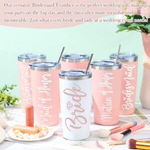 Sabary Bride Gifts Bridesmaid Tumblers Set of 8, 20 oz Insulated Bride Stainless Steel Wine Tumbler Bulk Maid of Honor Mugs with Lid and Straw for Wedding Engagement Party Gifts (Pink, White)