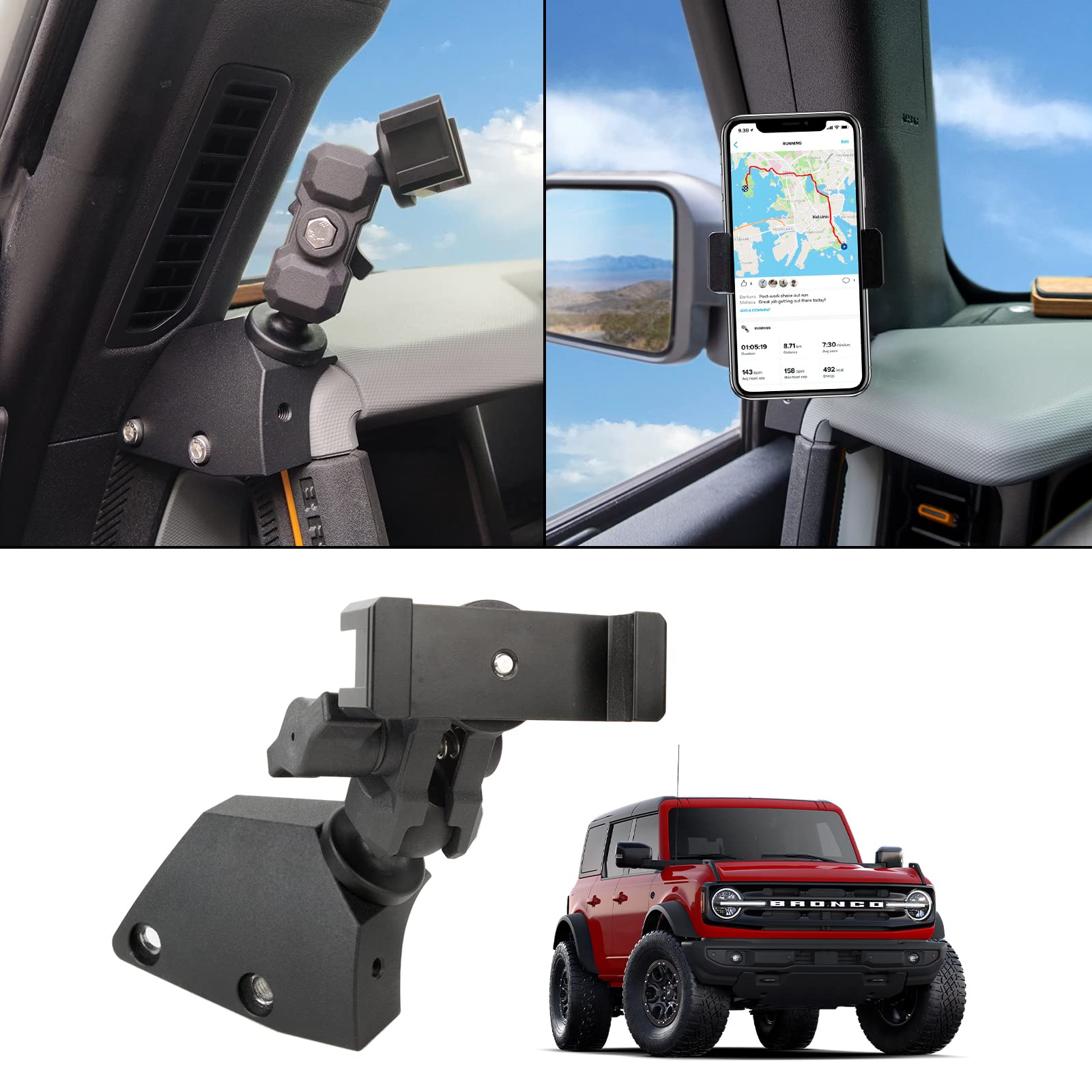 Dashboard Left Side Phone Holder Mount, Anti-Shake Stabilizer Custom Adjustable Cell Phone Holder for Ford Bronco Accessories 2021 2022 2023