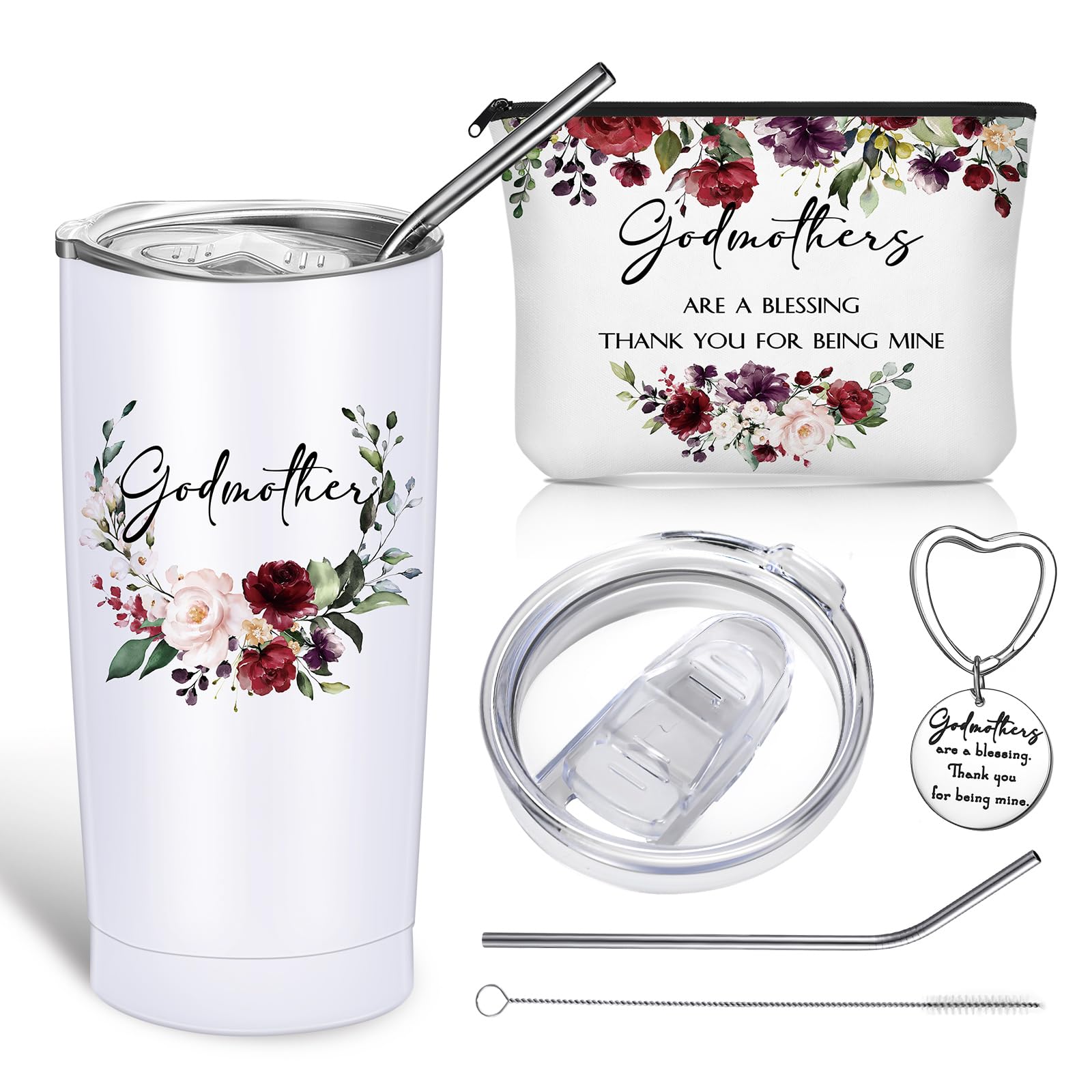 Sieral 3 Pcs Godmother Proposal Gifts Set Including 20 oz Godmother Tumbler and Godmother Makeup Bag Keychain for Mother's Day Holiday Appreciation Gifts(Wine Red Flowers)