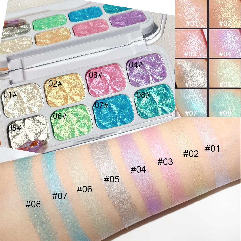 8 Color Face Cheek Highlighter Makeup Palette Shimmer Glitter Iridescent Multichrome Holographic Eyeshadow Palette Purple Rainbow Glitter Highlighter Makeup Highlight and Contour Palette Eye Makeup