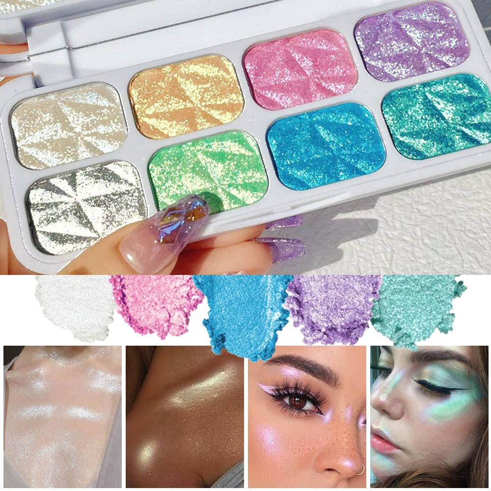 8 Color Face Cheek Highlighter Makeup Palette Shimmer Glitter Iridescent Multichrome Holographic Eyeshadow Palette Purple Rainbow Glitter Highlighter Makeup Highlight and Contour Palette Eye Makeup