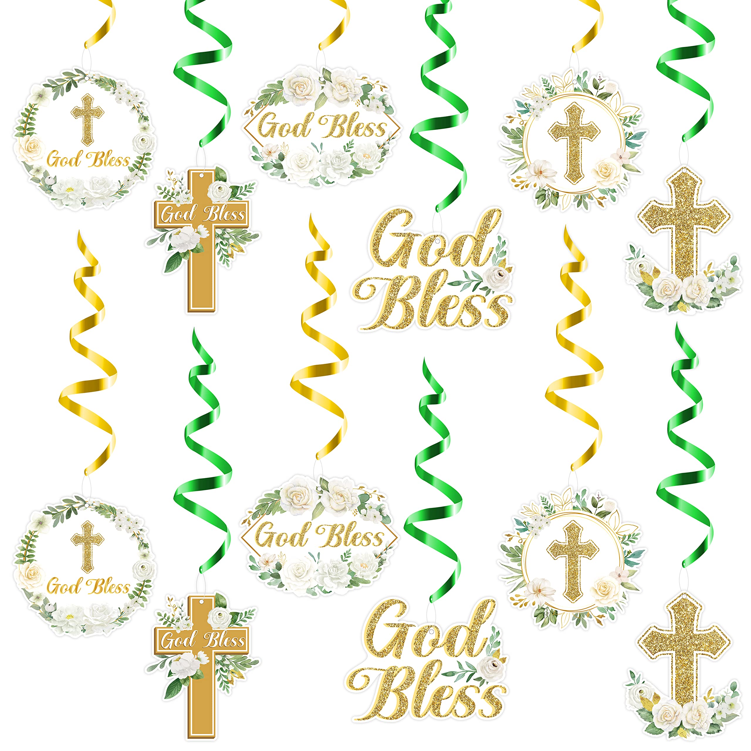 ANGOLIO 30Pcs God Bless Cross Hanging Swirls Party Decorations, Religious Party Decorations Supplies Ceiling Decor for Party, Baby Shower Baptism First Holy Communion Party Hanging Ornaments