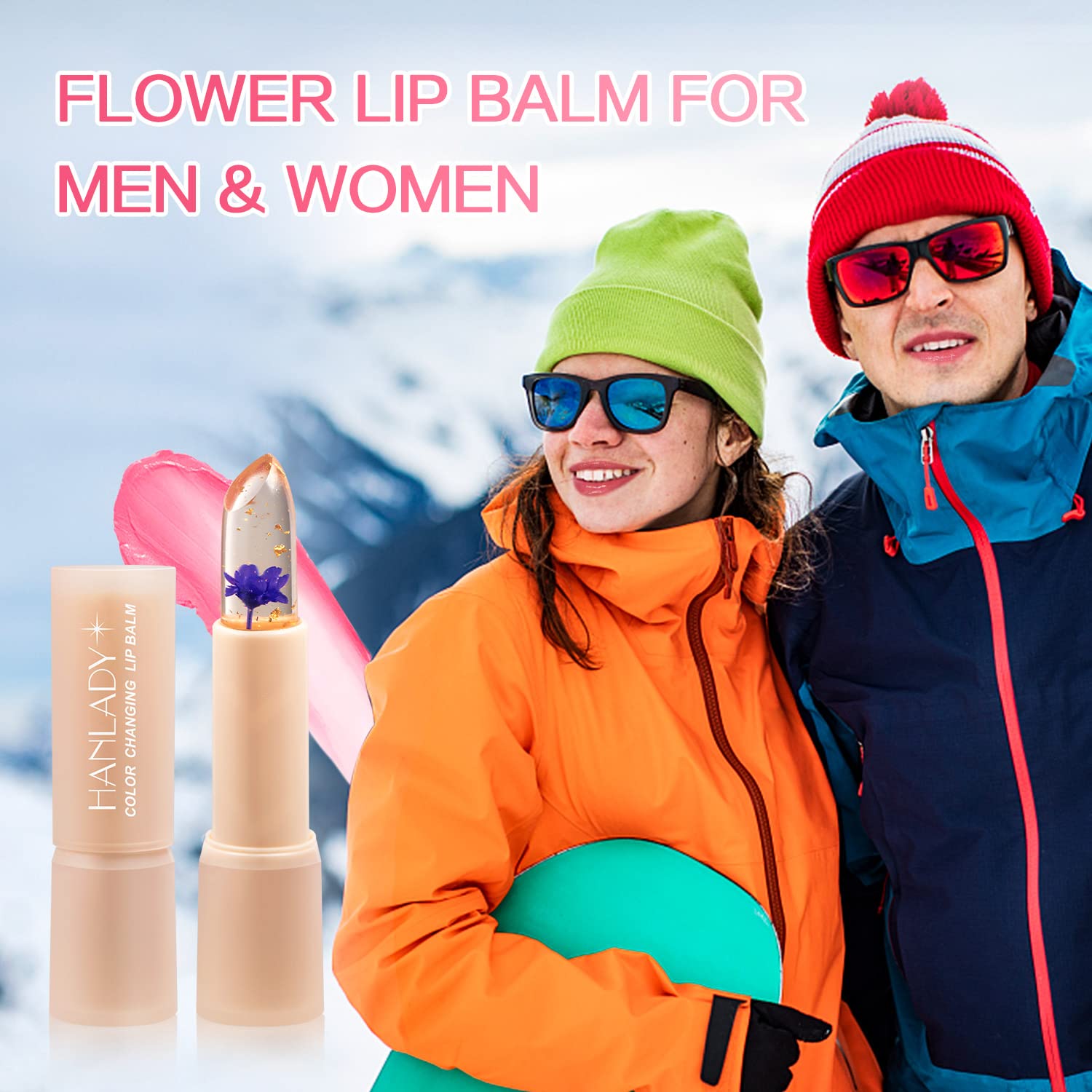 Flower Lip Balm Color Change, Clear Lipstick With Flower Inside, pH Lip Balm for Pink Shade, Long Lasting Moisturizing Waterproof Vegan Lipstick (Red)