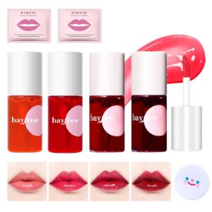 Lip Tint Korean Stain Set, 4 Colors Tinta Para Labios Water Long Lasting Waterproof Easy Apply Plumping Lip Moisturizing Mini Lipstick(Apple & Strawberry &Watermelon& Cherry)