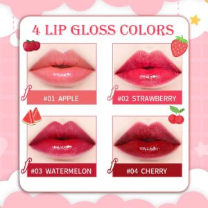 Lip Tint Korean Stain Set, 4 Colors Tinta Para Labios Water Long Lasting Waterproof Easy Apply Plumping Lip Moisturizing Mini Lipstick(Apple & Strawberry &Watermelon& Cherry)