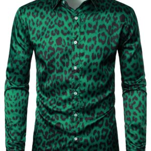 ZEROYAA Men's Hipster Leopard Printed Slim Fit Long Sleeve Button Up Satin Dress Shirts for Party Prom ZLCL36-108-Emerald XX-Large