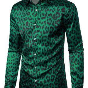 ZEROYAA Men's Hipster Leopard Printed Slim Fit Long Sleeve Button Up Satin Dress Shirts for Party Prom ZLCL36-108-Emerald XX-Large