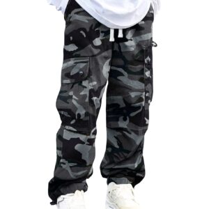 WDIRARA Men's Camo Print Drawstring Flap Pocket Side High Waist Cargo Pants Grey Camo L