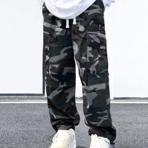 WDIRARA Men's Camo Print Drawstring Flap Pocket Side High Waist Cargo Pants Grey Camo L