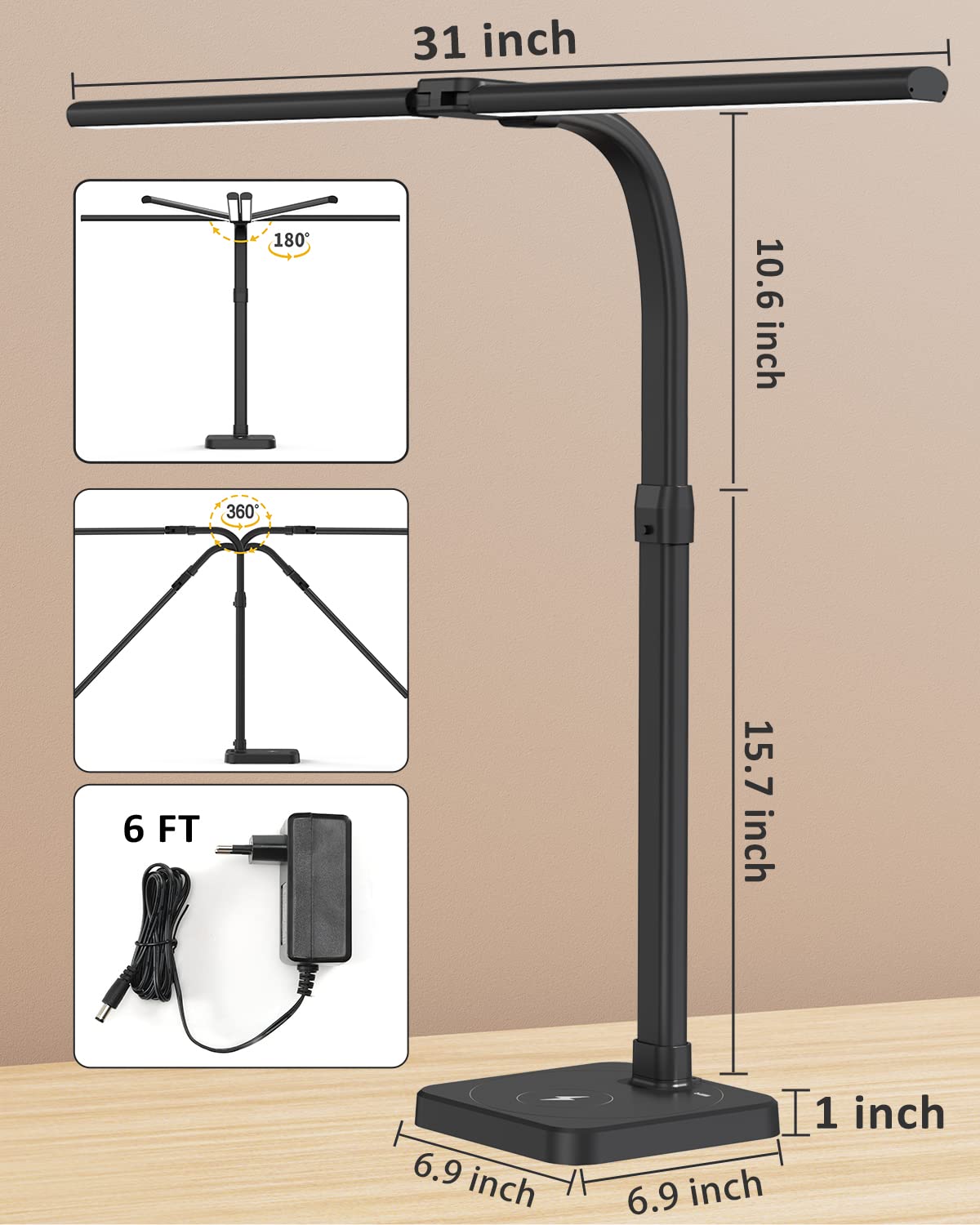 AKRRYR LED Desk Lamp for Home Office, Double Head 24W with USB Charging Port & Wireless Charger, Architect Light 5 Lighting Brightness Flexible Gooseneck Table Reading Study, Black