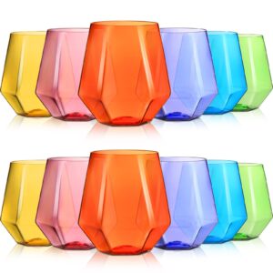 gerrii 12 pcs diamond stemless glasses unbreakable plastic wine glasses 12 oz reusable whiskey glass stemless drinking glasses for wine cocktail and home dining wedding party kitchen, 6 colors