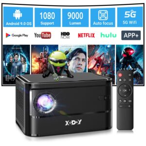 autofocu smart projector with android tv os, xgody a40 9000l mini projector with wifi and bluetooth, 1080p support hd home theater projector with netflix 7000+apps bulit-in hi-fi speaker and remote