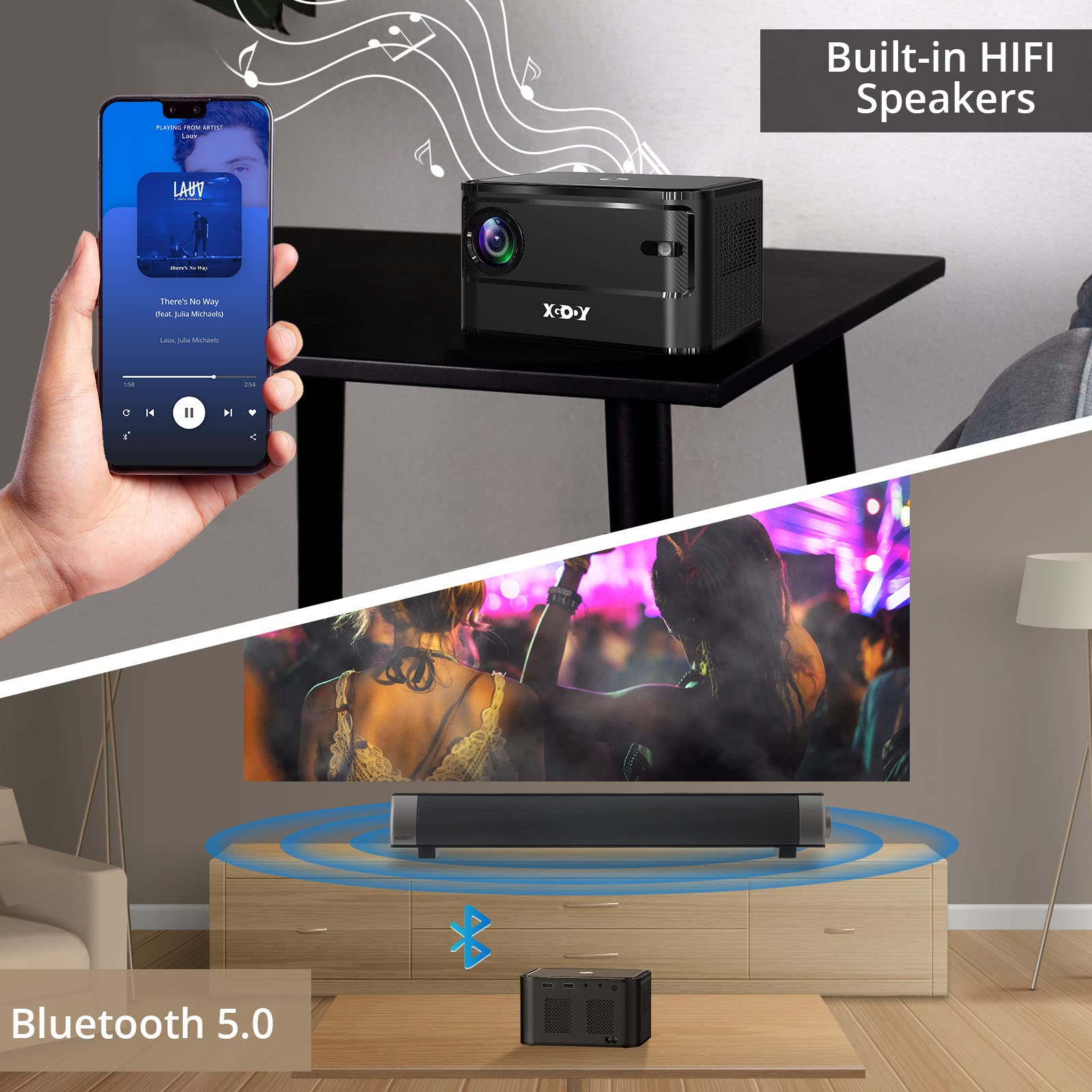 Autofocu Smart Projector with Android TV OS, Xgody A40 9000L Mini Projector with WiFi and Bluetooth, 1080P Support HD Home Theater Projector with Netflix 7000+APPs Bulit-in Hi-Fi Speaker and Remote