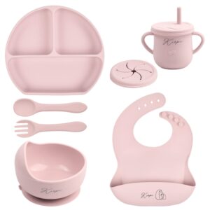 baby led weaning supplies - kirpi baby feeding set - silicone suction bowls, divided plates, sippy and snack cup - toddler self feeding eating utensils set with bibs, spoons, fork - 6 months (pink)