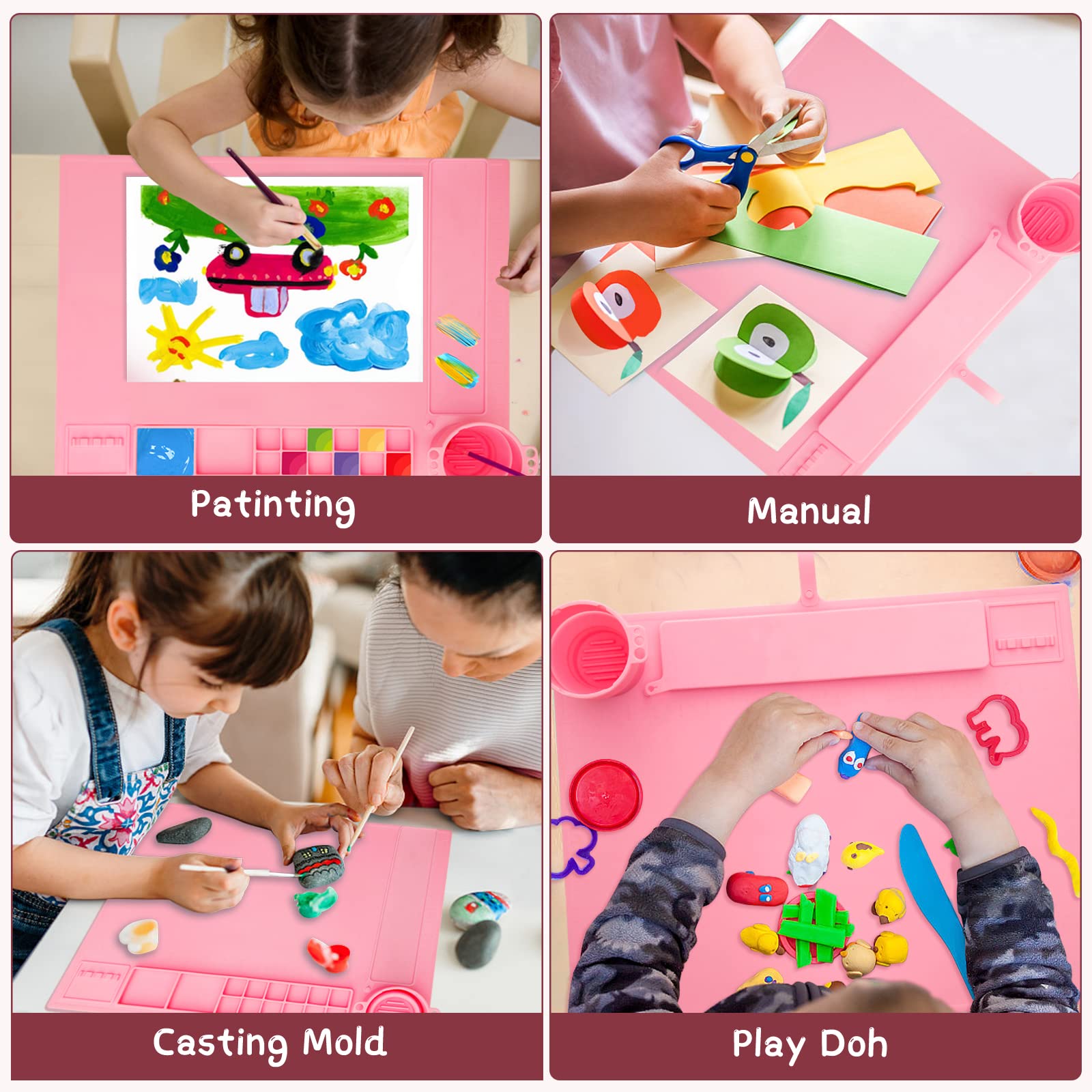 iArtker Silicone Painting Mat, 20"×16" Silicone Craft Mat with Cup and Lid,Silicone Art Mat,Non Stick Silicone Sheet for Resin, DIY, Clay, Play Doh, Pink