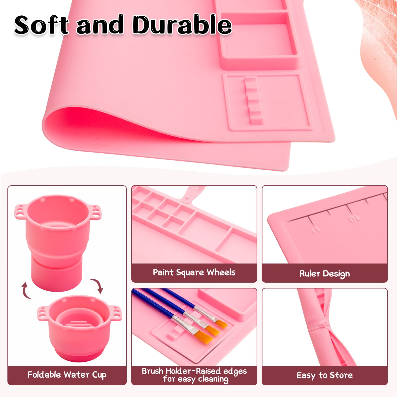 iArtker Silicone Painting Mat, 20"×16" Silicone Craft Mat with Cup and Lid,Silicone Art Mat,Non Stick Silicone Sheet for Resin, DIY, Clay, Play Doh, Pink