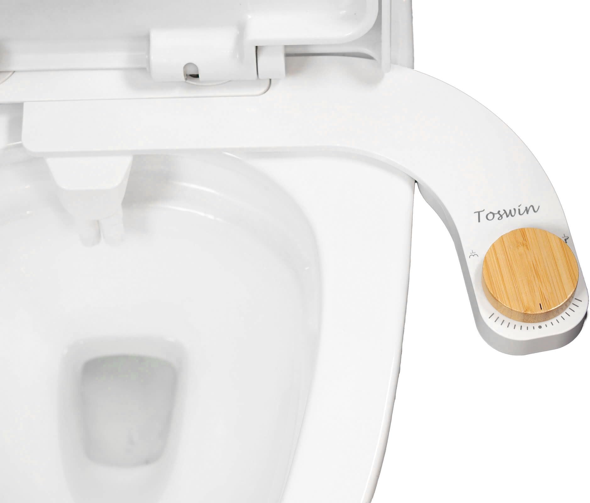 Toswin Left Hand Bidet Left Handed Bidet Ultra Slim Bidet Left Side Control Clear Rear Bidet Attachment for Toilet with Dual Front & Rear Nozzles and Adjustable Water Pressure -Bamboo Knob