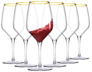 biandeco gold rim wine glasses with long stem set of 6, laser-cut tempered rim crystal clear elegant glassware for drinking wine, sturdy premium blown chalices, 15.9 oz