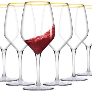 Biandeco Gold Rim Wine Glasses With Long Stem Set of 6, Laser-Cut Tempered Rim Crystal Clear Elegant Glassware for Drinking Wine, Sturdy Premium Blown Chalices, 15.9 oz