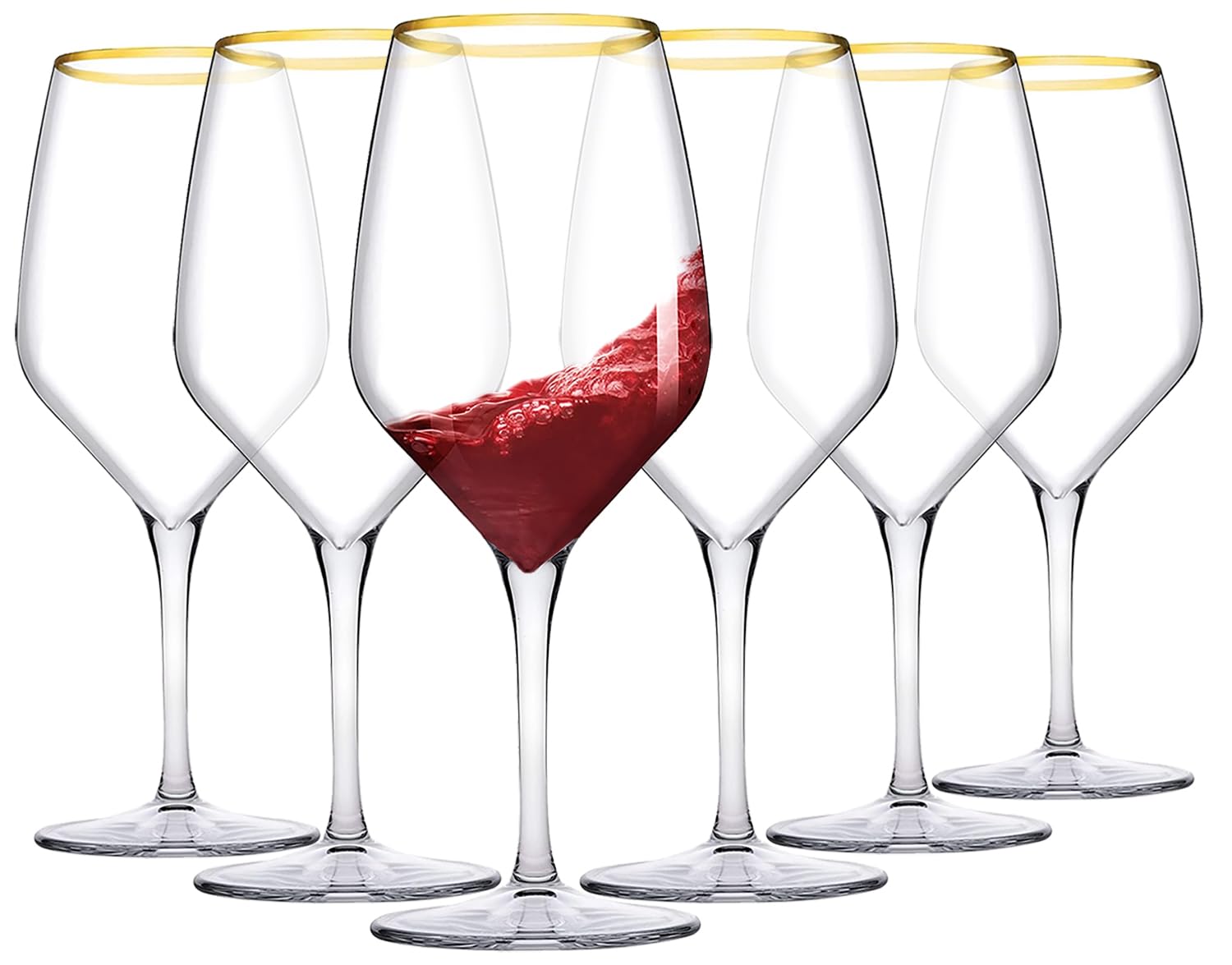 Biandeco Gold Rim Wine Glasses With Long Stem Set of 6, Laser-Cut Tempered Rim Crystal Clear Elegant Glassware for Drinking Wine, Sturdy Premium Blown Chalices, 15.9 oz