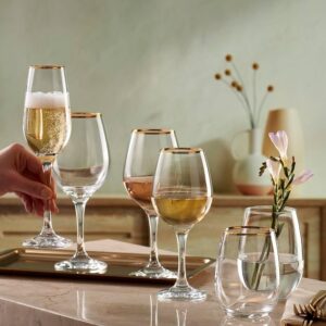 Biandeco Gold Rim Wine Glasses With Long Stem Set of 6, Laser-Cut Tempered Rim Crystal Clear Elegant Glassware for Drinking Wine, Sturdy Premium Blown Chalices, 15.9 oz