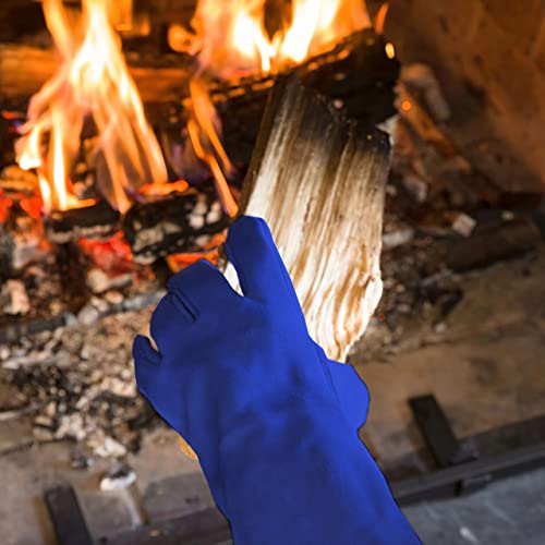 ATERET Welding Gloves 14 Inch Heat/Fire Resistant Leather Gloves for Mig, Tig, BBQ, Camping, Furnace, Pot, Fireplace (Blue)