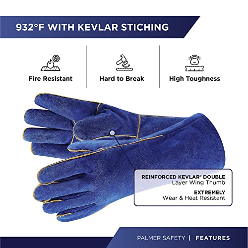 ATERET Welding Gloves 14 Inch Heat/Fire Resistant Leather Gloves for Mig, Tig, BBQ, Camping, Furnace, Pot, Fireplace (Blue)