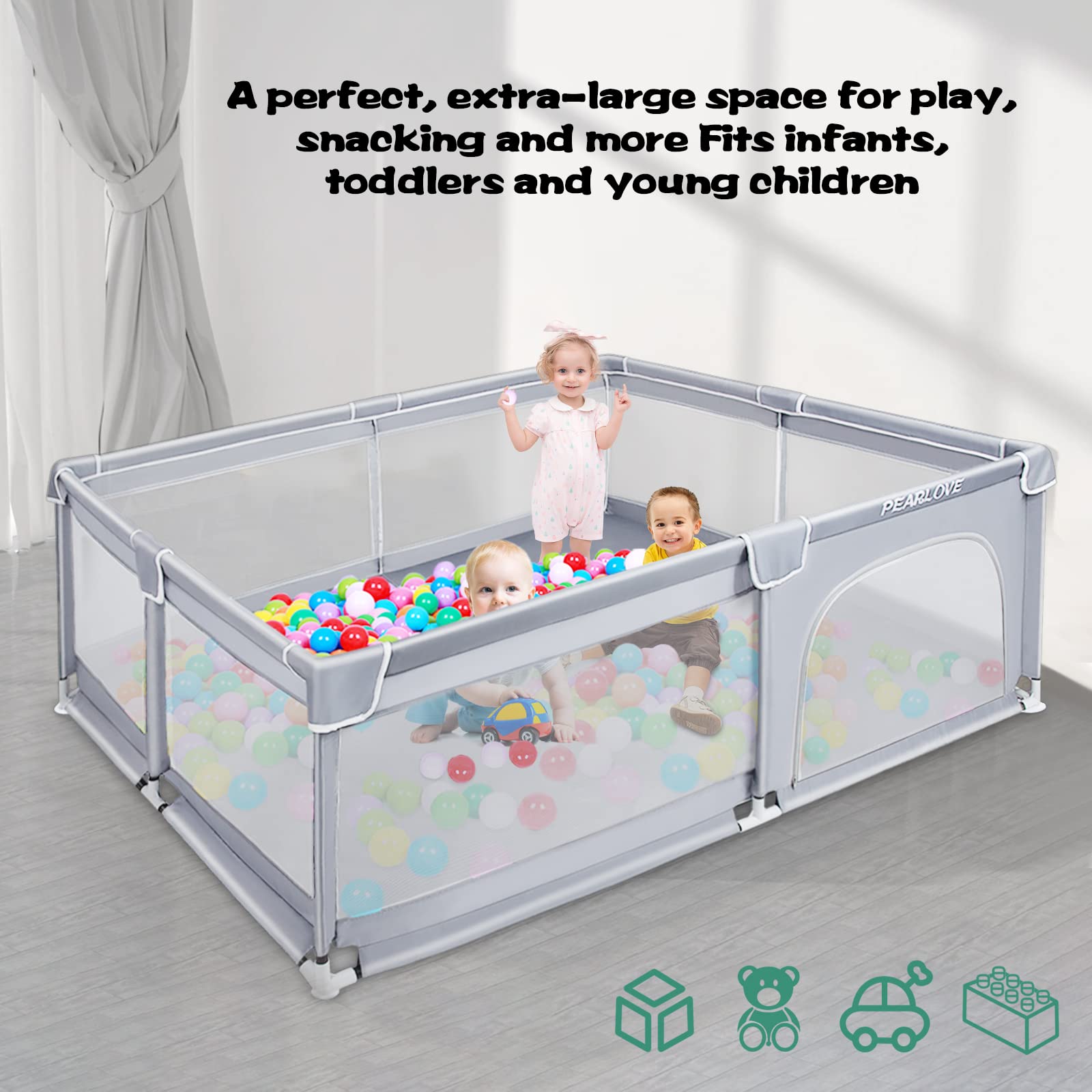 Large Baby Playpen, 71x59 Extra Large Baby Playard for Toddler, Playpens for Babies, Sturdy Safety Kids Activity Center, Baby Gate Playpen with Breathable Mesh 2 Handles（Light Gray）