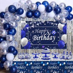 blue birthday decorations for men, happy birthday decorations for men women boy party decoration backdrop & tablecloth balloons arch kit blue silver confetti balloons foil fringe curtains table cover