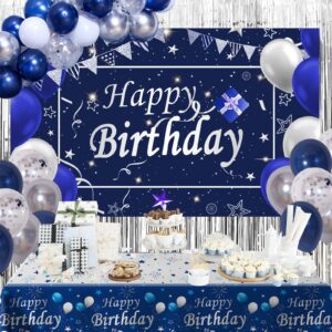 Blue Birthday Decorations for Men, Happy Birthday Decorations for Men Women Boy Party Decoration Backdrop & Tablecloth Balloons Arch Kit Blue Silver Confetti Balloons Foil Fringe Curtains Table Cover