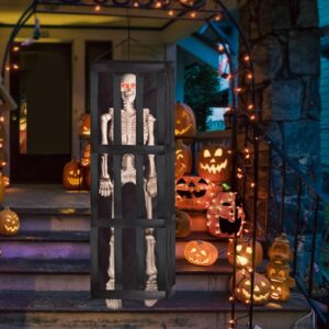 Halloween Animatronics Skeleton Decor Props,64 Inches Halloween Interactive Hanging Caged Skeleton with Lights Sounds and Vibration, Skeleton Decorations Outdoor Tree Lawn Garden Backyard