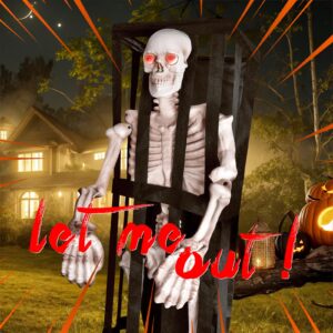 Halloween Animatronics Skeleton Decor Props,64 Inches Halloween Interactive Hanging Caged Skeleton with Lights Sounds and Vibration, Skeleton Decorations Outdoor Tree Lawn Garden Backyard