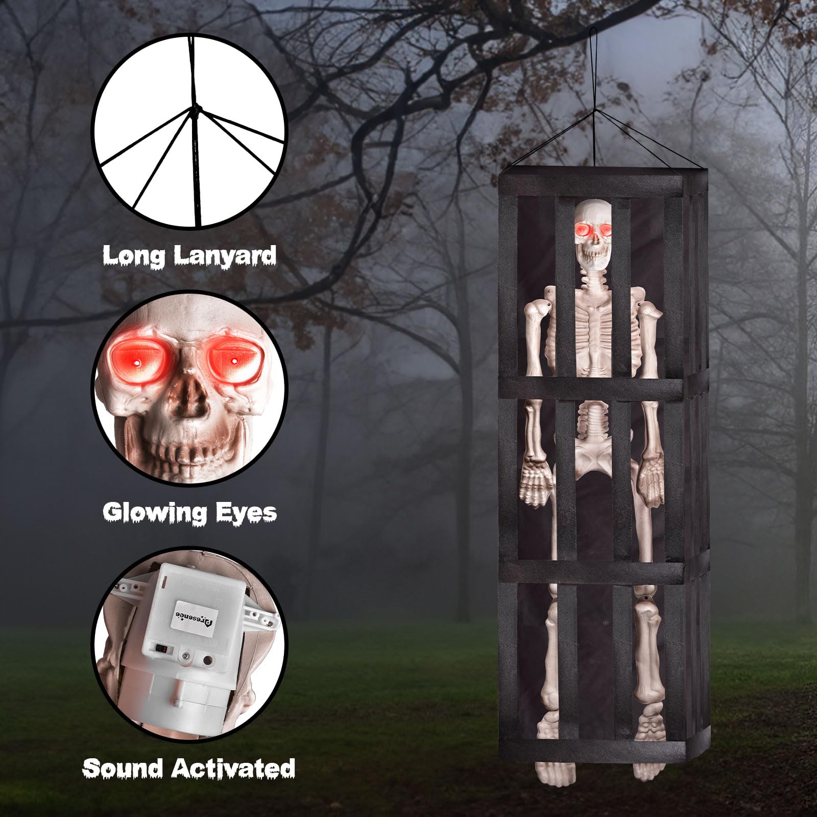 Halloween Animatronics Skeleton Decor Props,64 Inches Halloween Interactive Hanging Caged Skeleton with Lights Sounds and Vibration, Skeleton Decorations Outdoor Tree Lawn Garden Backyard