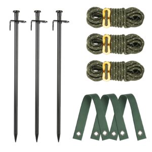 heavy duty tree stake kits, 11.8 inch steel tree stakes and supports for young tree anti strong wind, leaning tree anchor straightening kit with 3 pcs steel stakes, 13.12 feet rope and tree straps